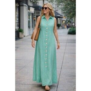 Coldwater Creek Size 8 Linen Blend Maxi Dress Button Front Notched Collar Resort